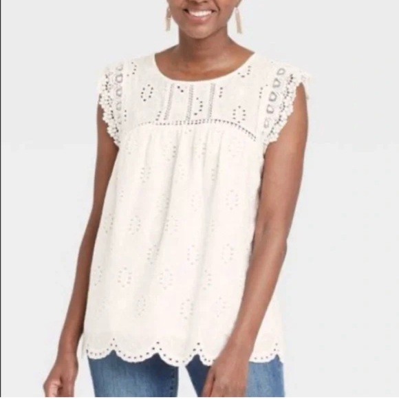 Knox Rose Women Top Size XL Cream Eyelet Lace White Short Sleeves Lined cotton - Picture 1 of 11